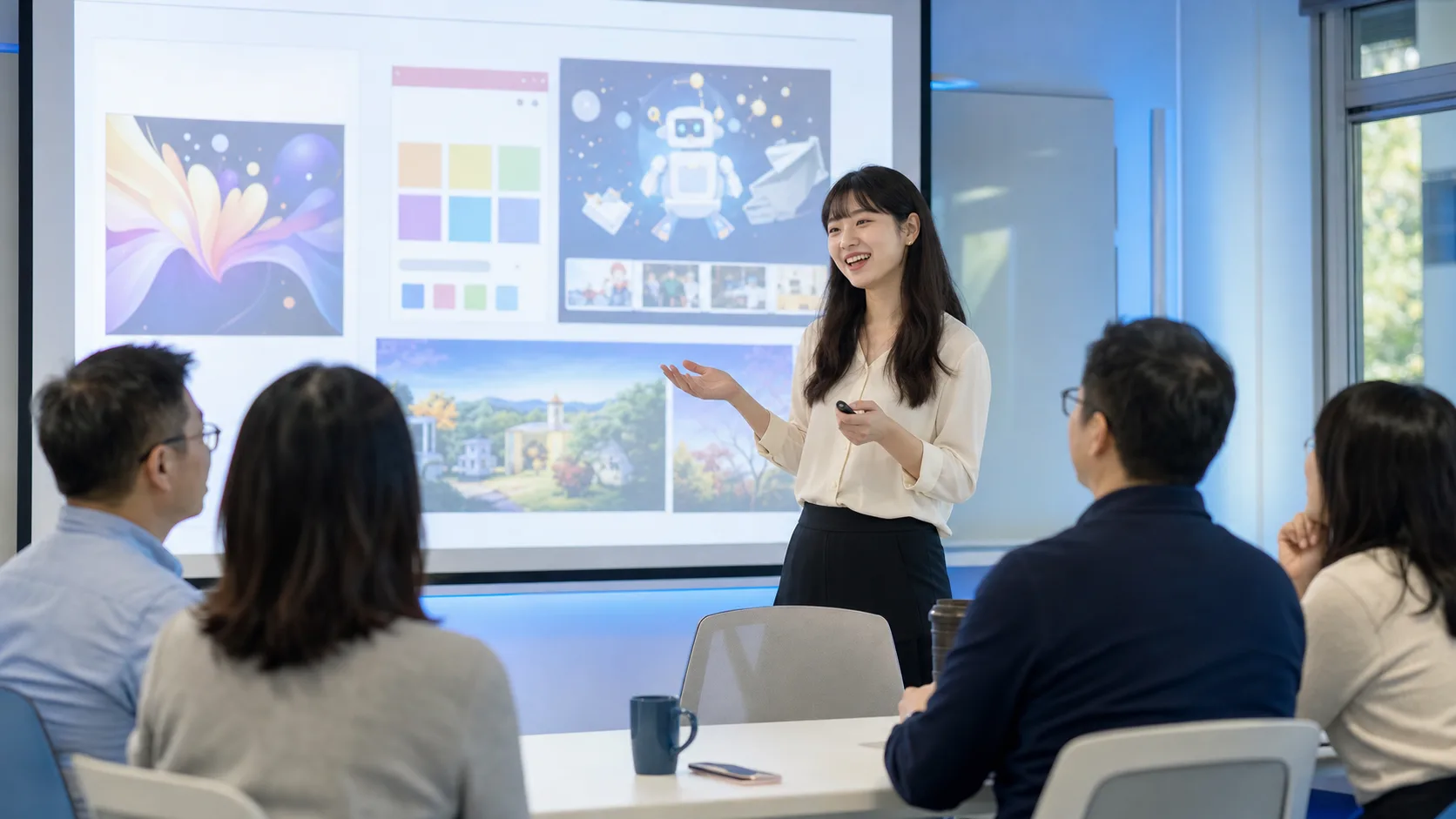 家長說明會:講師向家長介紹孩子用 AI 做出的網站與影片作品