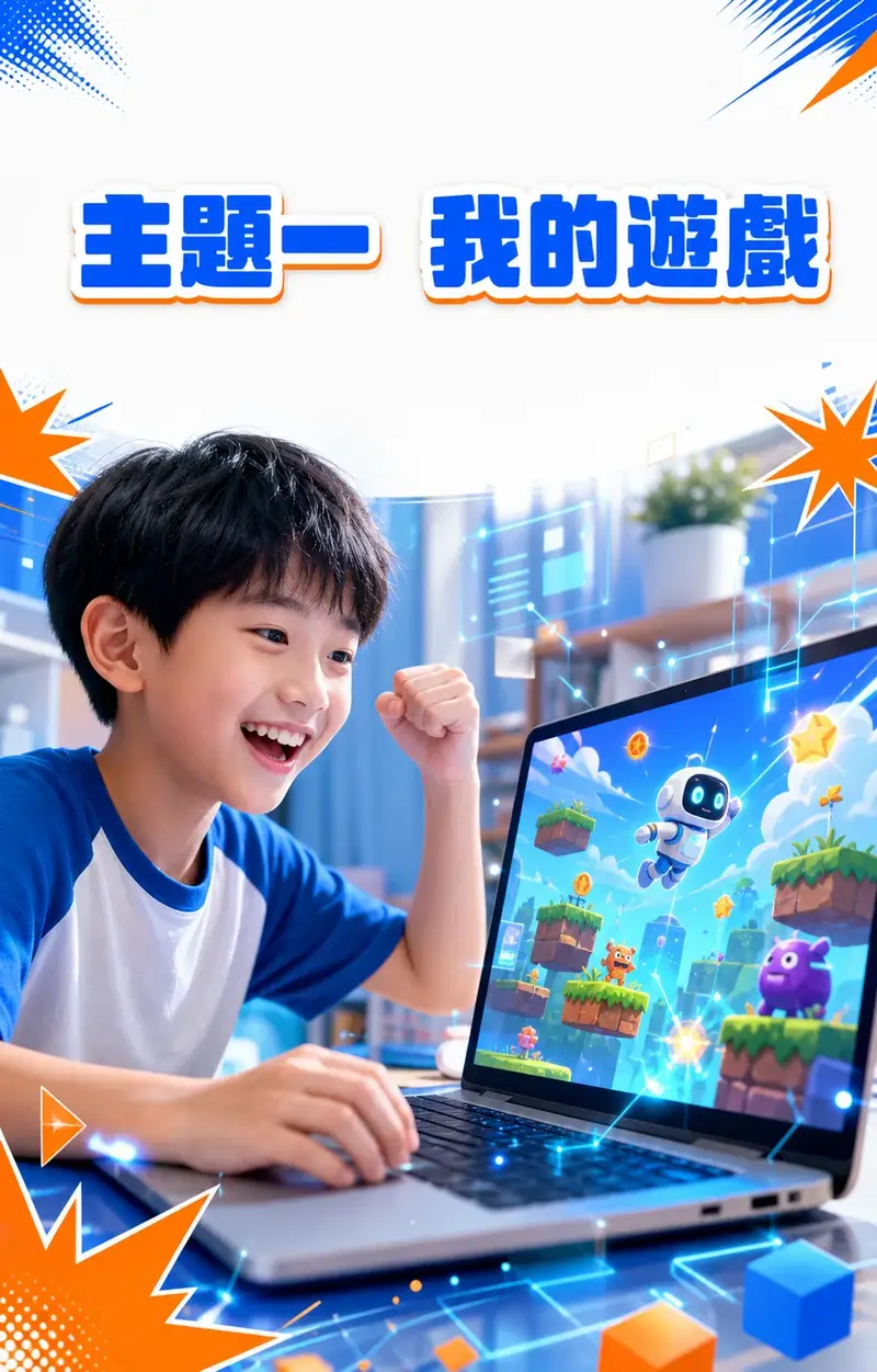 主題一 我的遊戲:一個台灣孩子開心地玩著自己用 AI 做出的小遊戲。