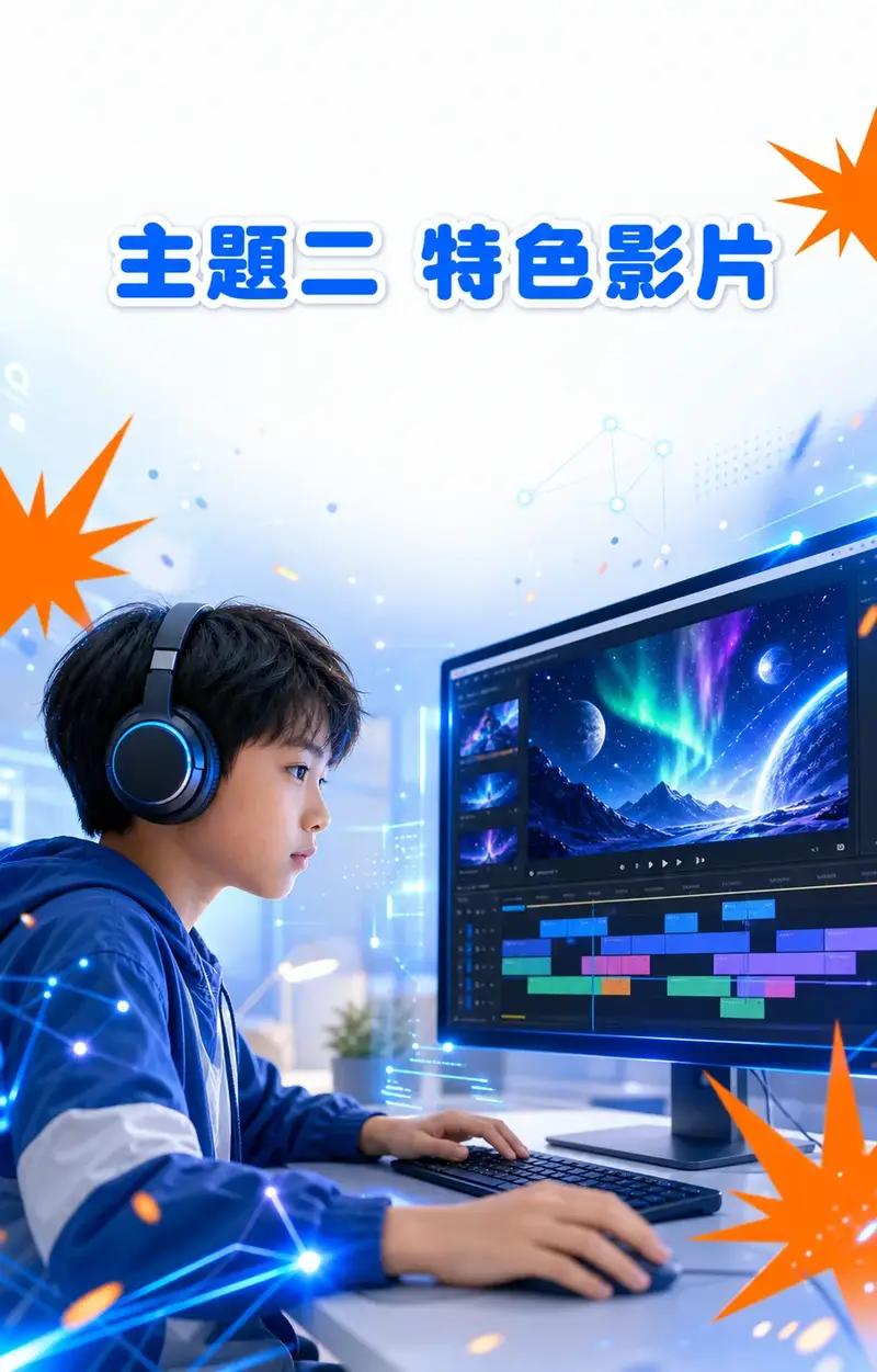 主題二 特色影片:一個台灣孩子戴著耳機剪輯一支極光/太空場景的影片。